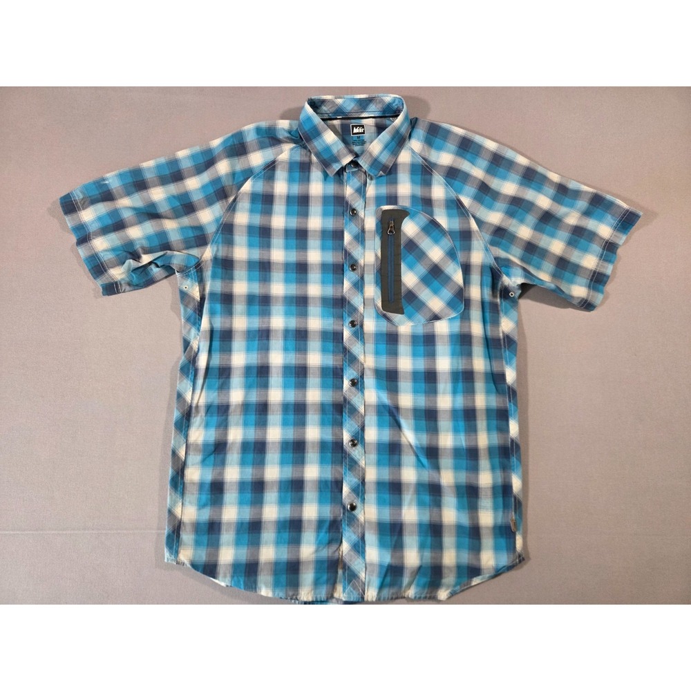 REI Shirt Mens Medium Blue Plaid Pearl Snap Utility Performance Hiking Outdoors